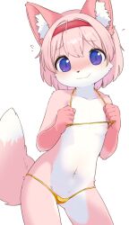 bikini bikini_tug cameltoe canopus335 fox furry gold_bikini headband highres loli nipples pink_fur purple_eyes smile swimsuit white_background