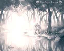 1girl animification artist_name barefoot dual_persona english_text female_focus forest greyscale lady_amalthea long_hair monochrome nature nude penpon personification reflection signature sitting solo sunlight text_focus the_last_unicorn the_unicorn_(the_last_unicorn) tree unicorn water