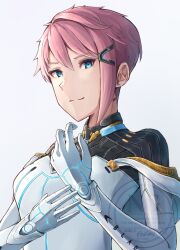 1girl arms_up blue_eyes bodysuit closed_mouth commentary_request hair_between_eyes highres liesel_(xenoblade) medium_hair pink_hair shi-on simple_background smile solo upper_body watermark white_background white_bodysuit xenoblade_chronicles_(series) xenoblade_chronicles_x