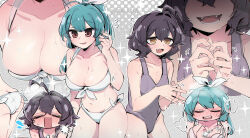 2girls ahoge an_sin ass bikini black_hair blue_hair breasts cleavage closed_eyes commentary fang flying_sweatdrops grey_background highres hiiragi_utena large_breasts light_blush light_smile long_hair mahou_shoujo_ni_akogarete medium_hair minakami_sayo multiple_girls multiple_views navel one-piece_swimsuit open_mouth polka_dot polka_dot_background ponytail red_eyes simple_background sparkle swimsuit twiddling_fingers white_bikini yellow_eyes yuri