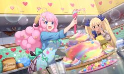 2girls :d ahoge animal_ears apron artist_request back_bow baking blonde_hair blue_apron blue_eyes blue_sweater bow bowl brown_shirt cake cellphone cup flour fluffy_hair food glasses hair_ornament hand_on_own_face heart heart_hair_ornament holding holding_bowl holding_phone horns indoors kitchen lens_flare long_hair moa_(show_by_rock!!) multiple_girls official_art open_mouth phone pink_hair plate retoree_(show_by_rock!!) round_eyewear sheep_ears sheep_girl sheep_horns sheep_tail shirt show_by_rock!! smartphone smile sparkle standing sweater table tail third-party_source twintails yellow_apron