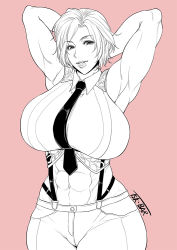 1girl abs armpits arms_behind_head arms_up biceps breasts collarbone huge_breasts looking_at_viewer monochrome muscular muscular_female navel necktie obliques pants shirt sleeveless smile snk solo stomach suspenders the_king_of_fighters thick_lips thick_thighs thighs toguchi_masaya toned vanessa_(kof) white_shirt