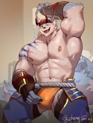 1boy abs absurdres animal_ears arm_up armpits bara black_gloves blush bulge chinese_commentary claws commentary_request fake_horns fangs fingerless_gloves furry furry_male gloves highres horned_headwear horns kumoyama_(xxl) looking_at_viewer male_focus muscular muscular_male nipples one_eye_closed open_mouth orange_fundoshi pectorals smile tail topless_male wolf_boy wolf_ears wolf_tail xxl_woofia zhengshizi