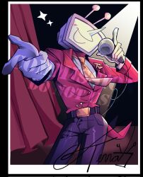 1boy ant_tenna aracn0 belt belt_buckle black_belt black_pants blush buckle character_name commentary commission corrupted_twitter_file cowboy_shot crt curtains deltarune english_commentary gloves hands_up highres holding holding_microphone male_focus microphone necktie object_head outstretched_arm pants pointy_nose signature smile solo sparkle spotlight stage stage_curtains tailcoat white_gloves yellow_necktie