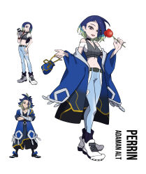 1boy 1girl absurdres adaman_(pokemon) adapted_costume alternate_costume bare_shoulders black_choker blue_coat blue_hair bob_cut breasts brown_eyes camera choker coat collar collarbone crop_top earrings eyebrow_cut green_hair highres jewelry loose_hair_strand medium_breasts midriff multicolored_hair nintendo off-shoulder_shirt off_shoulder official_style perrin_(pokemon) pokemon pokemon_legends:_arceus pokemon_sv related rhymewithray shirt short_hair smile