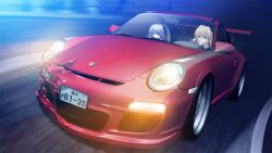 2girls blonde_hair blue_eyes car closed_mouth damaged driving fumio_(ura_fmo) game_cg grey_hair grisaia_(series) grisaia_no_kajitsu harudera_yuria headlight_beam kazami_kazuki license_plate long_hair motor_vehicle multiple_girls night non-web_source official_art outdoors porsche porsche_911 red_car red_eyes road spoiler_(automobile) spoilers