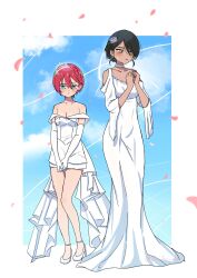 2girls alternate_costume amate_yuzuriha aqua_eyes averting_eyes bare_legs bare_shoulders black_hair blue_sky blush braid breasts bridal_veil choker cleavage clothing_cutout cloud commentary_request dark-skinned_female dark_skin dress earrings elbow_gloves full_body furrowed_brow gloves gundam gundam_gquuuuuux half-closed_eyes half_up_braid hands_up hasu_175 height_difference highres jewelry light_frown long_dress long_sleeves looking_at_viewer mermaid_dress multiple_girls nyaan_(gundam_gquuuuuux) off-shoulder_dress off_shoulder own_hands_together pink_petals red_hair shoes short_dress short_hair shoulder_cutout sky standing stud_earrings sweatdrop tiara v_arms veil wedding_dress white_choker white_gloves white_shoes wide_sleeves wind yellow_eyes