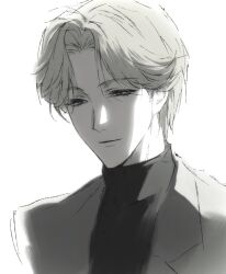 1boy backlighting black_sweater blonde_hair chinese_commentary closed_mouth commentary commentary_request curtained_hair grey_eyes highres jacket johan_liebert light_smile looking_ahead male_focus monster_(manga) nose portrait short_hair simple_background skanroooo solo sweater turtleneck turtleneck_sweater very_short_hair white_background