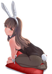 1girl animal_ears aoi_kumiko ass black_bow black_bowtie black_leotard black_pantyhose bow bowtie brown_eyes brown_hair bunny_day cushion detached_collar fake_animal_ears from_behind highres leaning_forward leotard long_hair original pantyhose playboy_bunny rabbit_ears rabbit_tail seiza simple_background sitting solo strapless strapless_leotard tail white_background wrist_cuffs zabuton