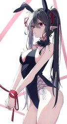 Rule 34 | 1girl, absurdres, animal ears, black hair, black leotard, earrings, fake animal ears, hair between eyes, highres, jewelry, leotard, liyaku, long hair, original, playboy bunny, rabbit ears, red eyes, solo, thighs
