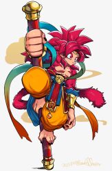 Rule 34 | 1boy, alternate costume, body fur, dated, dragon ball, dragon ball daima, goku day, male focus, monkey tail, nanika (nnkgh), orange pants, pants, red eyes, red fur, red hair, red tail, ruyi jingu bang, simple background, solo, son goku, tail, white background