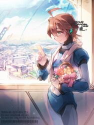 Rule 34 | 1boy, ahoge, amanhecer eod, arm armor, armor, black shirt, blue armor, blue eyes, blue sky, bouquet, breastplate, building, ciel (mega man), city, cityscape, dappled sunlight, day, facing to the side, flower, gauntlets, genderswap, genderswap (ftm), gloves, green eyes, highres, holding, holding bouquet, holding flower, holding paper, holding photo, holding picture frame, indoors, leg armor, light particles, looking at object, male focus, mega man (series), mega man zero (series), paper, photo (object), picture frame, shirt, sky, smile, space station, spacesuit, sunlight, towel, towel around neck, white gloves