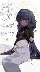 1girl black_eyes black_hair black_halo black_shirt blue_archive blush doodle_sensei_(blue_archive) english_text halo kyarupunch long_hair navel school_swimsuit see-through_clothes see-through_shirt sensei_(blue_archive) shirt skirt solo swimsuit ui_(blue_archive) underwear very_long_hair white_skirt