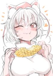 1girl :t animal_ear_fluff animal_ears blush breasts commentary_request corn detached_sleeves eating food food_in_mouth hair_between_eyes hat heart highres holding holding_food inubashiri_momiji large_breasts looking_at_viewer notice_lines one_eye_closed pom_pom_(clothes) puffy_cheeks red_eyes red_hat shirt short_hair simple_background solo tokin_hat touhou white_background white_hair white_shirt wolf_ears wolf_girl yoyoiro_(sysi20)