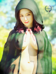 1girl 3d absurdres artist_name blurry breasts breasts_apart cloak day depth_of_field female_focus highres hood naked_cloak navel nipples original out-of-frame_censoring outdoors photorealistic ptmaster realistic see-through_clothes solo watermark web_address
