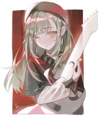 1girl absurdres ascot bang_dream! bang_dream!_it&#039;s_mygo!!!!! beret black_capelet border capelet commentary electric_guitar green_brooch green_hair guitar hat highres holding holding_guitar holding_instrument instrument long_hair long_sleeves looking_at_viewer mortis_(bang_dream!) mortis_(costume)_(bang_dream!) open_mouth outside_border red_hat sedith_cd shirt sidelocks solo wakaba_mutsumi white_ascot white_border white_shirt yellow_eyes