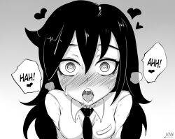 1girl ahegao bags_under_eyes blush breasts commentary drooling english_commentary greyscale heart heart-shaped_pupils heavy_breathing highres kuroki_tomoko monochrome neck saliva school_uniform signature small_breasts solo sweat symbol-shaped_pupils torogao upper_body vaniste watashi_ga_motenai_no_wa_dou_kangaetemo_omaera_ga_warui!