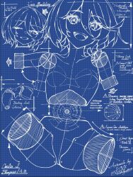 1girl blue_theme blueprint_(medium) braid breasts cecilia_immergreen commentary completely_nude doll doll_joints english_commentary english_text grid_background hair_between_eyes half-closed_eye highres hololive hololive_english joints looking_at_viewer medium_hair multiple_expressions multiple_views nkonya nude one_eye_closed open_mouth side_braid single_braid sitting small_breasts smile spread_legs twitter_username virtual_youtuber
