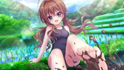 Rule 34 | 1girl, :d, ahoge, alternate hairstyle, arm support, bare arms, bare shoulders, barefoot, blue eyes, blue one-piece swimsuit, blue sky, braid, breasts, brown hair, cloud, crown braid, day, dot nose, dutch angle, fang, feet, film grain, foot focus, game cg, grass, hair intakes, head tilt, izumi tsubasu, lens flare, long hair, looking at viewer, low twintails, medium breasts, mountain, mud, non-circular lens flare, non-web source, official art, on ground, one-piece swimsuit, open mouth, outdoors, re:stage!, rice paddy, school swimsuit, shikimiya aone, sitting, sky, smile, solo, sparkle, splashing, sunlight, swimsuit, twintails