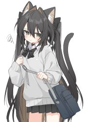 1girl animal_ear_fluff animal_ears bag belt belt_collar black_bag black_belt black_bow black_bowtie black_hair black_skirt bow bowtie cat_ears cat_girl cat_tail closed_mouth collar cowboy_shot fang grey_sweater hair_between_eyes highres light_frown long_hair long_sleeves looking_at_viewer original sentouryoku_5 shirt shoulder_bag sidelocks simple_background skirt solo squiggle sweater tail two_side_up very_long_hair white_background white_shirt yellow_eyes