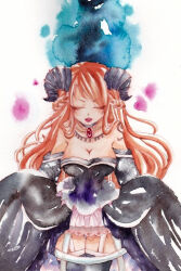 1girl arm_tattoo breasts cleavage closed_eyes closed_mouth commentary_request detached_sleeves dress garter_straps horns jewelry light_smile long_hair looking_at_viewer nami_(one_piece) necklace one_piece orange_hair painting_(medium) red_lips smile strapless strapless_dress tattoo traditional_media watercolor_(medium) yachiy0