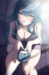 1girl :o absurdres bare_legs black_dress breasts character_doll chibigurumi cleavage collarbone doll dress feet_out_of_frame gakuen_idolmaster green_eyes green_hair hair_flaps highres holding holding_doll idolmaster indoors large_breasts long_hair looking_at_viewer misanga_(hxjd5354) on_floor sitting sleeveless sleeveless_dress solo tsukimura_temari very_long_hair wooden_floor