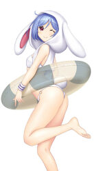 1girl animal_ears animal_hood ass back barefoot bikini blue_hair blush breasts closed_mouth commentary_request cowlick floppy_ears foot_out_of_frame hair_between_eyes hataraki_kuma highres holding holding_swim_ring hood hood_up innertube looking_at_viewer looking_to_the_side one_eye_closed rabbit_ears rabbit_hood rabbit_tail red_eyes reisen_(touhou_bougetsushou) short_hair simple_background small_breasts smile soles solo striped_innertube swim_ring swimsuit tail thighs toes touhou white_background white_bikini white_hood