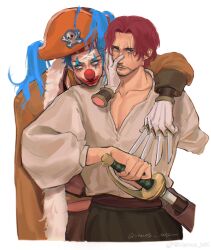 2boys absurdres beard blue_eyes blue_hair buggy_the_clown cape cleft_chin closed_mouth clown_nose connected_beard cropped_legs facepaint facial_hair fur-trimmed_cape fur_trim gloves hat highres long_sleeves male_focus multiple_boys one_piece orange_hat pectoral_cleavage pectorals pirate_hat poet_shirt puffy_sleeves red_hair scar scar_across_eye scar_on_face shanks_(one_piece) short_hair signature simple_background sword vamos_mk weapon white_background white_gloves yaoi