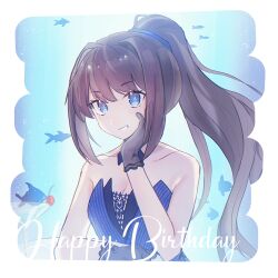 Rule 34 | 1girl, aozaki aoko, bare arms, bare shoulders, black gloves, blue dress, blue eyes, breasts, brown hair, collarbone, cup, dress, gloves, goblet glass, grin, hair between eyes, hair intakes, hand on own cheek, hand on own face, high ponytail, highres, indoors, large breasts, long hair, looking at viewer, mahou tsukai no yoru, on table, open mouth, ponytail, round table, sitting, sleeveless, sleeveless dress, smile, solo, strapless, strapless dress, table, teeth, type-moon, upper body, user fmjw2348