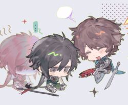 ... 2boys black_hair cape chibi chibi_only closed_eyes hair_between_eyes long_hair long_sleeves low_ponytail male_focus multiple_boys original pants ponytail qyzhiaiyisheng shaded_face shirt short_hair sitting smile spoken_ellipsis sword weapon