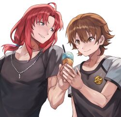 2boys absurdres ahoge ao_no_kiseki brown_eyes brown_hair cancanbaobao55 curtained_hair double-parted_bangs eiyuu_densetsu food green_eyes hair_between_eyes highres holding holding_food holding_ice_cream_cone ice_cream_cone jewelry lloyd_bannings male_focus multiple_boys parted_bangs pendant ponytail randolph_orlando red_hair shirt short_hair sideburns sidelocks simple_background upper_body white_background zero_no_kiseki