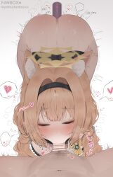 1boy 1girl :&gt;= animal_ears ass blue_archive blunt_bangs blush bottomless closed_eyes dildo fanbox_username fellatio hair_intakes halo heart highres male_pubic_hair mari_(blue_archive) mari_(idol)_(blue_archive) miamuly myamul144 navel oral pov pubic_hair sex_toy spoken_heart