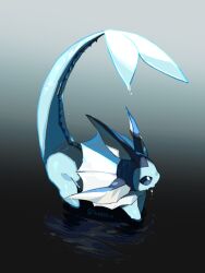 all_fours blue_fur blue_tail body_fur fins gen_1_pokemon gradient_background grey_background head_fins nintendo no_humans partially_submerged pokemon pokemon_(creature) simple_background sok_(mr14_c) solo vaporeon wet