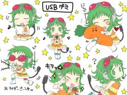 1girl ? blush colored_eyelashes frilled_thigh_strap green_eyes green_hair gumi holding holding_paper legs_together m/ macross macross_frontier microphone miniskirt music musical_note oharu one_eye_closed paper ribbon-trimmed_skirt ribbon_trim short_hair singing sitting skirt standing star_(symbol) tail thigh_strap ultra_series ultraseven ultraseven_(series) usb vocaloid voice_actor_connection wink