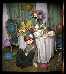 Rule 34 | 1boy, ?, alcohol, beanie, birthday cake, black hair, blue eyes, blue flower, bottle, bowl, cake, chair, chun baii, commentary, cup, cupcake, curtains, english commentary, flower, food, food on clothes, food on face, hat, highres, indoors, jacket, long sleeves, on floor, orange flower, pants, party hat, party horn, plate, pom pom (clothes), pom pom beanie, sitting, solo, south park, stan marsh, table, vase, white flower