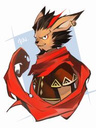1boy afk_(series) afk_arena animal_ears artist_name commentary_request earrings facial_hair fang fang_out furry furry_male goatee highres jewelry khasos_(afk) looking_at_viewer male_focus multicolored_hair okn_369 red_scarf scarf single_earring smile streaked_hair upper_body