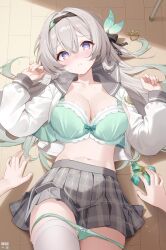 2girls artist_name black_bow black_gloves black_hairband blue_eyes blush bow bowtie bra breasts buttons cleavage collarbone deyui double-breasted female_pov fingernails firefly_(honkai:_star_rail) firefly_(spring_missive)_(honkai:_star_rail) from_above gloves gradient_hair green_bow green_bowtie green_bra green_hair green_pupils grey_hair grey_sailor_collar grey_skirt hair_between_eyes hair_bow hairband hands_up heart heart-shaped_pupils highres honkai:_star_rail honkai_(series) large_breasts long_hair long_sleeves looking_at_viewer lying midriff miniskirt multicolored_eyes multicolored_hair multiple_girls navel official_alternate_costume on_back open_clothes open_shirt paid_reward_available panties panty_pull parted_lips plaid_clothes plaid_skirt pleated_skirt pov pov_hands sailor_collar school_uniform serafuku shirt skindentation skirt stelle_(honkai:_star_rail) sweat symbol-shaped_pupils thighhighs thighs trailblazer_(honkai:_star_rail) underwear white_shirt white_thighhighs
