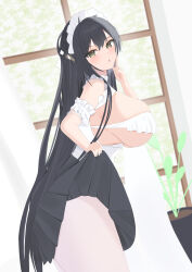 Rule 34 | 1girl, absurdres, azur lane, black hair, black skirt, breasts, cowboy shot, dutch angle, from side, green eyes, hair between eyes, highres, huge breasts, indomitable (azur lane), indomitable (ms. motivationless maid) (azur lane), leaning forward, long hair, looking at viewer, maid headdress, official alternate costume, pantyhose, plant, pleated skirt, potted plant, rita (utya4488), skirt, solo, very long hair, white pantyhose