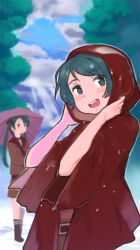 2girls black_socks blue_eyes blue_hair blurry blurry_background blush brown_skirt cloud commentary_request hair_ribbon highres holding holding_umbrella hood hood_up kantai_collection long_hair long_sleeves looking_at_viewer mikuma_(kancolle) mogami_(kancolle) mogami_(rainy_season)_(kancolle) mogamiya_honu multiple_girls open_mouth outdoors rain_poncho red_ribbon red_sailor_collar ribbon sailor_collar short_hair skirt sky socks twintails umbrella wet wide_sleeves