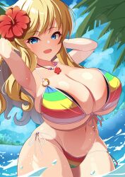 1girl absurdres armpits arms_up bikini blonde_hair blue_eyes blue_sky breasts cleavage collarbone commentary_request curvy day flower hair_flower hair_ornament hibiscus highres huge_breasts idolmaster idolmaster_cinderella_girls idolmaster_cinderella_girls_starlight_stage jewelry long_hair looking_at_viewer navel necklace o-ring o-ring_bikini ocean ohtsuki_yui outdoors palm_tree rainbow_bikini red_flower satoyama_meu side-tie_bikini_bottom sidelocks skindentation sky smile solo striped_bikini striped_clothes swimsuit tree underboob undersized_breast_cup wading water_drop