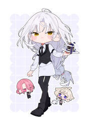 Rule 34 | 3boys, :3, absurdres, black necktie, black pants, black shoes, black vest, blonde hair, blueberry, blush, braid, brown shirt, chibi, chibi inset, closed mouth, collared shirt, commentary request, cream, food, fruit, grid, highres, holding, holding plate, long hair, long sleeves, male focus, multiple boys, necktie, original, pants, pink eyes, pink hair, plate, purple eyes, rabbit, seto (setosan), shirt, shoes, short sleeves, single hair intake, solo focus, very long hair, vest, watermark, white shirt, yellow eyes