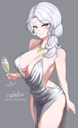 1girl alcohol blue_eyes breasts cleavage commentary cowboy_shot cslucaris cup curvy dress drinking_glass english_commentary evening_gown gold_necklace grey_background hair_over_shoulder highres holding holding_cup jewelry large_breasts long_hair looking_at_viewer mature_female necklace parted_lips plunging_neckline rwby side_slit silver_dress simple_background solo white_hair willow_schnee