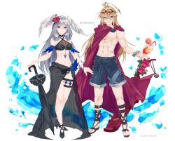 1boy 1girl alternate_costume amputee bikini blonde_hair breasts cleavage cloak eyewear_on_head feathered_wings grey_hair head_wings highres long_hair male_swimwear medium_breasts melia_antiqua mugimugis red_cloak sandals scar shulk_(xenoblade) smile standing swim_trunks swimsuit umbrella wings xenoblade_chronicles_(series) xenoblade_chronicles_3 xenoblade_chronicles_3:_future_redeemed