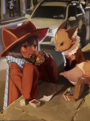 1girl 1other absurdres androgynous animal_ear_fluff animal_hat animal_nose black_eyes black_fur black_gloves blue_hair blue_scarf brown_coat brown_eyes brown_hat burger car cat_hat child coat colored_sclera commentary contemporary dot_nose eating english_commentary food food_in_mouth fox gloves hair_between_eyes hat highres holding holding_food long_sleeves looking_at_another making-of_available medium_hair motor_vehicle napkin niko_(oneshot) oneshot_(game) orange_fur orange_tail packet pickle road rue_(oneshot) sauce_packet scarf shadches72 street striped_clothes striped_scarf v-shaped_eyes vertical-striped_clothes vertical-striped_scarf white_car white_fur yellow_sclera