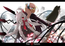 2girls ahoge blonde_hair dark-skinned_female dark_skin dog fingerless_gloves gloves gradient_background gradient_hair hair_over_one_eye horns letterboxed long_hair low_twintails multicolored_hair multiple_girls pale_skin petals pixiv_fantasia pixiv_fantasia_t pointy_ears red_eyes red_ribbon ribbon rulu_(saru) saru tongue tongue_out twintails white_hair yellow_eyes