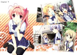 Rule 34 | 6+girls, :3, :o, ahoge, aoi sena, black ribbon, black thighhighs, blonde hair, blue hair, blush, bow, bowtie, breasts, brown shoes, chaos;head, chaos;head love chu chu!, closed eyes, collared shirt, dress shirt, eating, food, food in mouth, from side, green eyes, green hair, hair bow, hair ornament, hair ribbon, hairpin, highres, holding, holding food, holding popsicle, kishimoto ayase, kneeling, kusunoki yua, long hair, looking at viewer, low twintails, medium breasts, miniskirt, multiple girls, necktie, nishijou nanami, non-web source, official art, one side up, open collar, open mouth, orihara kozue, photo (object), pink eyes, pink hair, plaid bow, plaid bowtie, plaid clothes, plaid necktie, plaid skirt, plaid sleeves, pleated skirt, popsicle, popsicle in mouth, purple bow, purple bowtie, purple eyes, purple hair, purple necktie, purple skirt, reaching, reaching towards another, ribbon, sakihata rimi, school emblem, school uniform, science adventure, shibuya (tokyo), shirt, shoes, short sleeves, sitting, skirt, small breasts, smile, stitched, suimei academy school uniform, suimei summer uniform, sumi hei, tearing up, thighhighs, third-party edit, tokyo (city), tongue, twintails, v arms, wariza, wavy mouth, white petticoat, white shirt