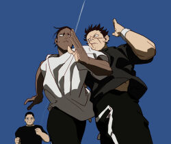 3boys :&lt; arm_up armband black_hair black_pants black_shirt blue_sky closed_mouth contrail dark-skinned_male dark_skin expressionless facial_hair galeblack golden_kamuy highres koito_otonoshin male_focus midriff_peek multicolored_hair multiple_boys pants parted_lips running scar scar_on_face shirt short_hair short_sleeves sky streaked_hair sugimoto_saichi sweat t-shirt tsukishima_hajime very_short_hair white_armband