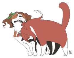 animalization bow cat closed_eyes commentary_request dog full_body green_bow kawakami_princess_(umamusume) king_halo_(umamusume) no_humans onikobe_rin open_mouth simple_background umamusume white_background