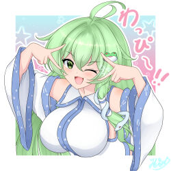 1girl :d absurdres antenna_hair bare_shoulders breasts collared_shirt detached_sleeves dot_nose double-parted_bangs double_v frog_hair_ornament green_eyes green_hair hair_ornament hair_tubes highres huge_breasts kochiya_sanae long_hair long_sleeves looking_at_viewer mishihura393 one_eye_closed open_mouth patterned_clothing shirt single_hair_tube single_sidelock sleeveless sleeveless_shirt smile snake_hair_ornament solo star_(symbol) star_symbol_background touhou upper_body v white_background wide_sleeves