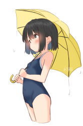 1girl artist_name black_hair blue_one-piece_swimsuit breasts colored_inner_hair competition_school_swimsuit cowboy_shot cropped_legs grey_eyes highres multicolored_hair one-piece_swimsuit original rain retsumaru school_swimsuit short_hair simple_background small_breasts solo standing swimsuit umbrella white_background yellow_umbrella